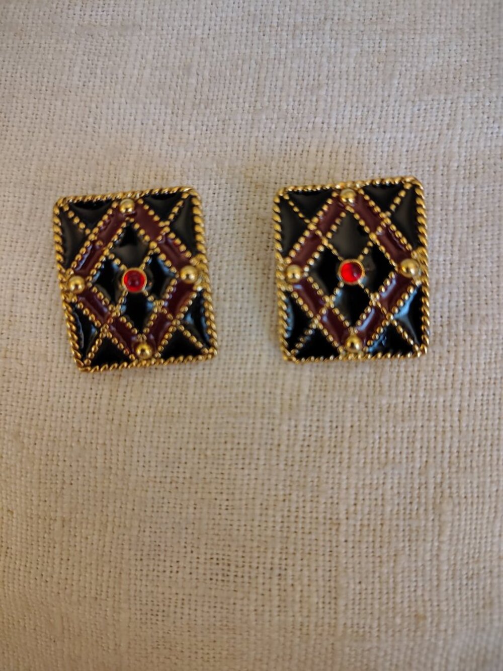 Vintage Gold Tone Enamel Red and Black Clip On Earrings Geometric Style